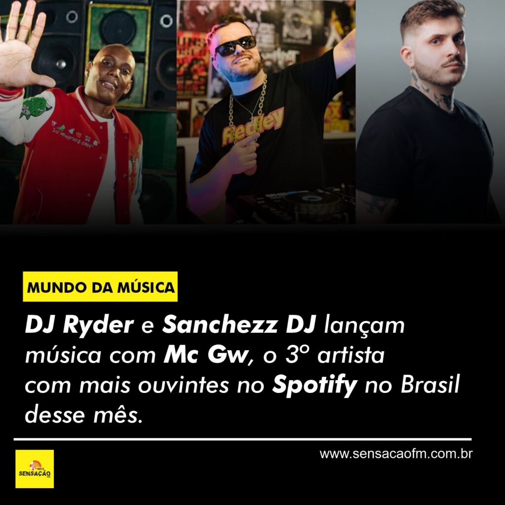 DJ Ryder e Sanchezz DJ lançam música com Mc Gw, o 3º artista com mais ouvintes no Spotify no Brasil desse mês