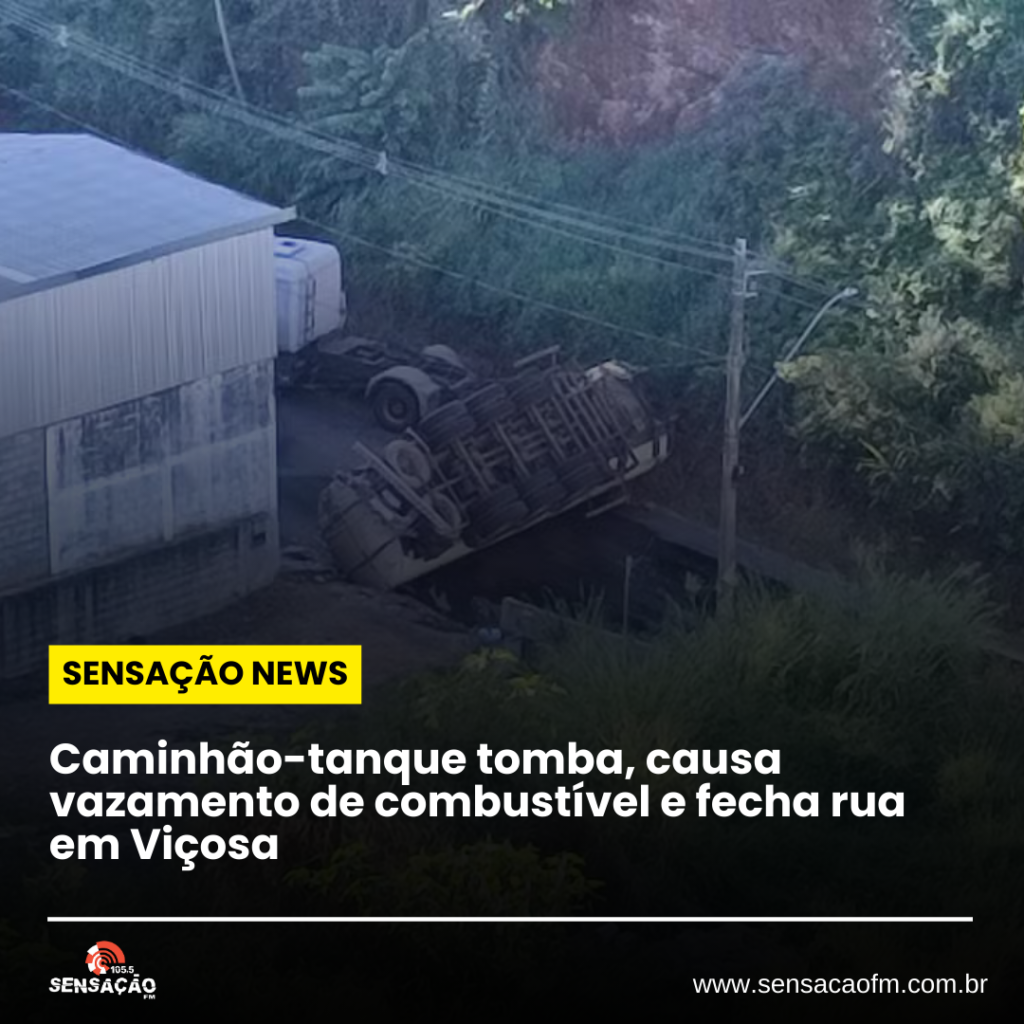 Caminhão-tanque tomba, causa vazamento de combustível e fecha rua em Viçosa