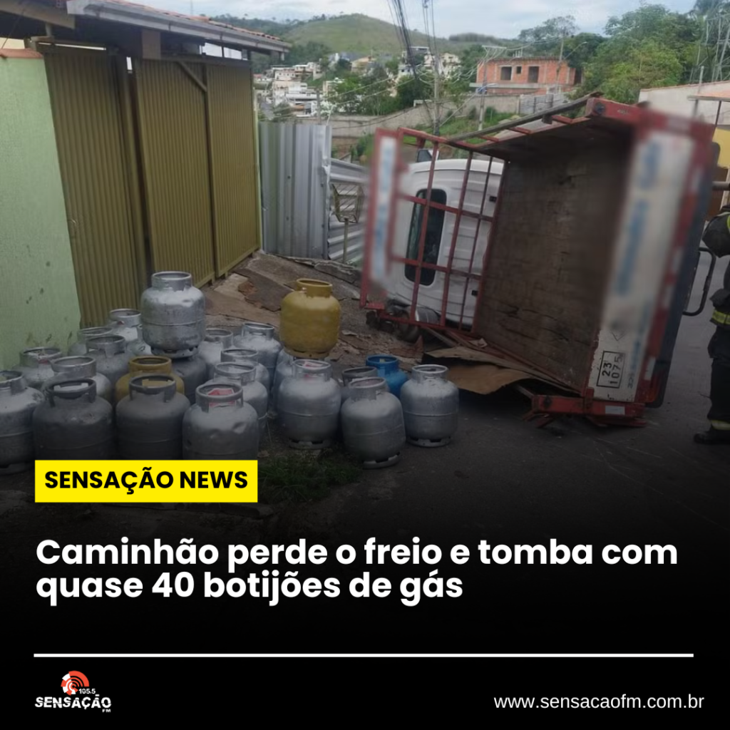 Caminhão perde o freio e tomba com quase 40 botijões de gás